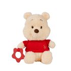 Ein plüschiger Bär in rotem Shirt hält ein rotes, sternförmiges Beißzeug in der Hand.