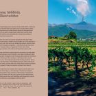 Links viel Text über Italien, seine Weine und Vielfalt der Rebsorten. Rechts ein Bild von grünen Weinreben vor einem rauchenden Vulkan.