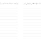Zwei Textfragen auf weißen Seiten mit Linien: "When was the last time you were proved wrong...?" und "What are you putting off doing...?"