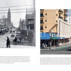 Links: "BARRACK STREET" - Eine belebte Straßenbahnroute. Rechts: Moderne Stadtansicht mit Bussen und Hochhäusern.