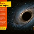„How BIG can BLACK HOLES get?“ über schwarzem Loch im All. Links Textblock zu Schwarzem Löchern. Unten „Totally WEIRD!“, „Did you KNOW?“