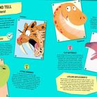 "SHOW AND TELL: Best gnashers! Fangs very much! Lethal bananas! Pegs and spoons! Flat batteries! Lifelong replacements!" 
Illustrationen von Dinosauriern, u.a. Smilodon, Diplodocus, Tyrannosaurus rex, Parasaurolophus.
