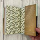 Text über Elizabeth von Arnim, ihre Lebensstationen, Werke und Tod. Blattmuster auf der linken Innenseite.