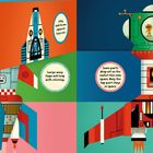 Text beschreibt eine Rakete mit drei Teilen, Sicherheitsvorkehrungen und Steuerung. Illustration zeigt bunte Raketenteile.