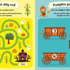 Links: "A fun day out" beschreibt ein Kürbis-Labyrinth mit Geistern.
Rechts: "Pumpkin picking" zeigt Wagen mit Zahlen 3, 4, 6.