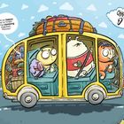 „I’m so happy we’re finally going camping together, Poncho!“ und „Chapter 1“. Gelber Bus vollgepackt mit Campingausrüstung und Cartoon-Tieren.