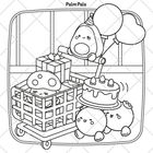 „Palm Pals“ oben. Illustration: Fröhliche Figuren mit Geschenken und einer Torte in und um einen Einkaufswagen.