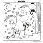 "MOOMIN" oben, eine Illustration mit einem lächelnden Wesen, das Blumen hält, umgeben von Sternen und einem Mond.
