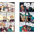 Ein Comic mit Dialogen über Schlüsselübergabe im Hotel und eine Party. Personen unterhalten sich über Pläne und Reisen.