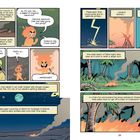 Comic-Seite: Gespräche über Feuer, chemische Reaktionen, Kettenreaktionen. Illustrationen von Flammen, Vulkanen, Blitzen.