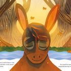 Ein lächelnder Esel mit geschlossenen Augen steht zwischen Bäumen. Schmetterlinge fliegen um ihn.