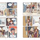 Comic mit Schülern, die durch Flure eilen. Texte: Gespräche über Listen, eine Begegnung mit Simon und Missverständnisse.