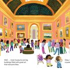 Text: „Well...most museums are big buildings filled with great art that everyone likes.“ „Okay. I have a question...“

Illustration eines Museums mit Gemälden und Besuchern.