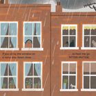 "If you sit by the window on a rainy day, listen close ... to hear me go PITTER-PATTER!" zeigt ein regnerisches Stadtszenario.