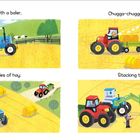 "Tractor with a baler, making bales of hay. Chugga-chugga! LIFT! LOAD! Stacking them away." Illustration von Traktoren.