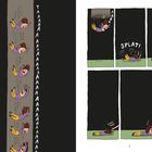 Links: "YAAAAAAA" laut rufender, fallender Mensch. Rechts: "AARG", "SPLAT!" Aufprall, "POKEY POKE", "WAVE". Comicstil.