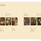 Inhaltsverzeichnis mit Abschnitten: "IN THE KITCHEN", "ON THE TABLE", "TO FINISH". Bilder mit Küchenutensilien und Gerichten.