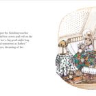 Text über Goldie, die sich für ihre Rolle vorbereitet. Illustration eines Bären in einem Bett, umgeben von warmen Details.