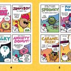 Links: "MEET THE DONUT SQUAD!", "JAMMYBOI!", "CHALKY", "ANXIETY DONUT!". Rechts: "SPRONKY", "JUSTICE DONUT!", "CARAMEL JACK!". Comic-Stil.