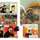 Eine illustrierte Szene zeigt Figuren in historischer Kleidung. Ein Auto explodiert mit "KABOOM". Texte beschreiben Ereignisse 1914.