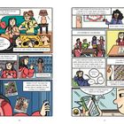 Links: Sprechblasen über Routinen. Rechts: Gedanken über Schule, Freunde und Spiele. Comic-Illustration mit Menschen in Alltagsszenen.