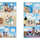 Zwei Hunde, Personen am Hafen; Gespräche über Abreise, Geschenke, Bootsfahrt. Farbenfrohe Comic-Illustration.