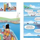 Text: "Put this on." "So…" "Yí, where’s Aunt Meg?" "Why did you stop sending pictures of the dogs?" "How far away is the new house?" "Why didn’t you just drive over?" "Oh wow. Um. Meg is out delivering a table to a client in another town. It’ll take a bit." "We haven’t been able to find our old film camera since we sent those pictures a while ago…" "And complicated electronics like phones don’t work at the new house."

Illustration von Leuten im Boot, malerischer Hafen, Landschaft mit grünen Hügeln.