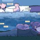 Texte: "What now?", "You can't ask Emma to try again...", "What does any of it matter anyway?", "Your life is already in ruins", "What if you're not as gifted as grandma thought?", "What if you can't help Kit?", "Was mom right all along?". Oben eine Person auf einem Bett, unten eine Person mit Tier auf dem Rücken in der Wiese liegend, hält einen Ring. Comic-Stil, nachdenkliche Szenen.