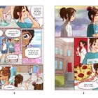 Links: Teenager reden über eine Japanreise. Rechts: Ein Mädchen freut sich über Pizza. Comic-Stil, lebhafte Szenen.