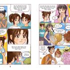 Texte: "Me too!", "Are you serious? You know that I get nervous...", "What do you think?", "Are you in?", "I'm in!"

Comic-Stil, mehrere Jugendliche, Gespräche über Pläne und eine Reise.