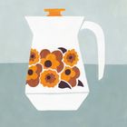 Weiße Kanne mit orange-braunen Blumen, blauer Hintergrund, Illustration mit modernem, minimalistischem Stil.