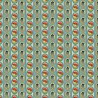 Ein sich wiederholendes Muster mit ovalen Rahmen. Darin alternieren ein graues Porträt und ein roter Fliegenpilz.