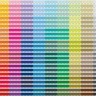 Zahlreiche Reihen mit Farbgruppen, Codes "PANTONE" in jeder Zelle, von Orange über Blau zu Grün und Braun.