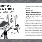 Texte: "GREETINGS, HUMAN READERS", "I am Frankie, and I am a vampire." Illustration: Ein Junge, ein Vampir, vor einem Spiegel.
