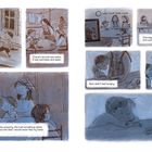 Links: "When Mama got sick, Chana and Zofia made dinner." Rechts: Mehrere Szenen mit Kindern beim Essen und Zeichnen.