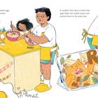 Zwei Personen kochen gemeinsam, Textgeräusche wie "POPF", "DING" erscheinen, ein Löwenbild zeigt "ROAR!".