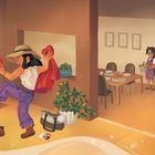 Text: "Ninang isn’t just my godmother — she’s my very best friend. She says she's a grown-up whose heart never grew up."

Illustration: Ein Kind gibt einer Frau in einem Cowboyhut einen Schuh. Im Hintergrund kocht eine Frau, ein Mann schaut lächelnd. Altes Mobiliar und Pflanzen dekorieren den Raum.