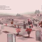 Texte beschreiben eine Familie auf einem Friedhof, die Vorfahren sucht. Ein Kind, das salutiert, steht im Vordergrund.