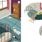 "Snork snork", "Tweet tweet", "Grumble grumble", "Peck peck". Illustration: Ein Monster schläft im Bett, Vogel am Fenster, Zimmerchaos.