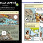 „DINOSAUR DISASTER“, „66 million years ago“, „MESOZOIC ERA“. Comics: Dinosaurier, Asteroid, Paläontologen, Diskussion.