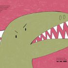 Links steht: "Finally, the day came..." Unten: "He counted to three..." Illustration eines grünen Dinosauriers mit weißen Zähnen.