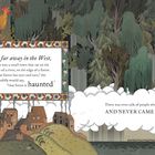 Text: "Far, far away in the West, there was a small town... haunted." Häuser an einem Fluss, Waldrand, großer Hahn.