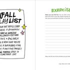 "FALL PLAY LIST: Drink hot apple cider, carve a pumpkin, make Halloween costume, take a fall walk, try new soup recipe." Links: Dekorative Sterne und Smileys. Rechts: Übung "Make your own PLAY list" mit leeren Linien.