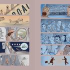 Comic-Stil: Eine Reise von Jamaika nach London; Text beschreibt Herausforderungen und Erwartungen einer Frau auf der Reise.