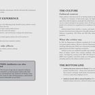 Texte: "THE PATIENT EXPERIENCE," "Most common side effects," "THE CULTURE," "THE BOTTOM LINE." Vorsicht: Antibiotics are also needed.