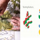Texte: "Templates", "Oak, Flower, Tulip (pages 32–33)", "Templates | 157". Links: Hände malen Blattmuster. Rechts: bunte Blumenillustrationen.