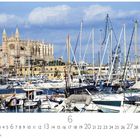 „Palma de Mallorca“, Monatsübersicht Juni. Kathedrale im Hintergrund, viele Boote im Hafen.