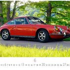 "Porsche 911 S", "Casares Edition", Kalender für Juni mit Bild eines roten Oldtimer-Porsche auf einer Landstraße im Grünen.