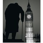 Churchill Denkmal. Silhouette eines Mannes mit Stock vor Big Ben. Kalender mit Daten vom 1. bis 30. und "6" unten.