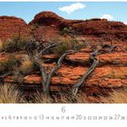 Outback. Zahl 6. Kalender mit roter Felslandschaft, trockenem Gras und knorrigen Ästen, blauer Himmel mit wenigen Wolken.